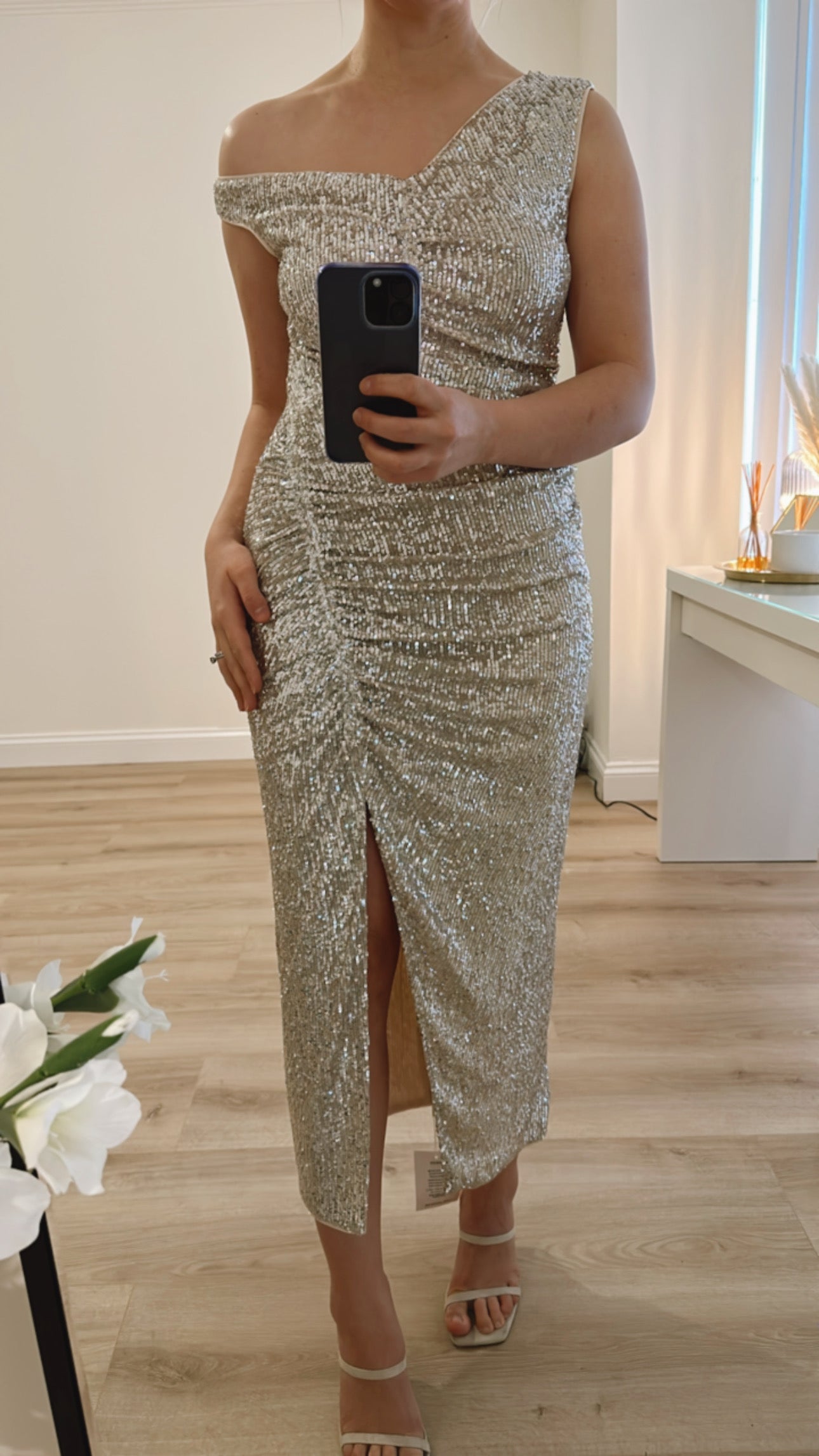 Self Portrait sequin asymmetric midi