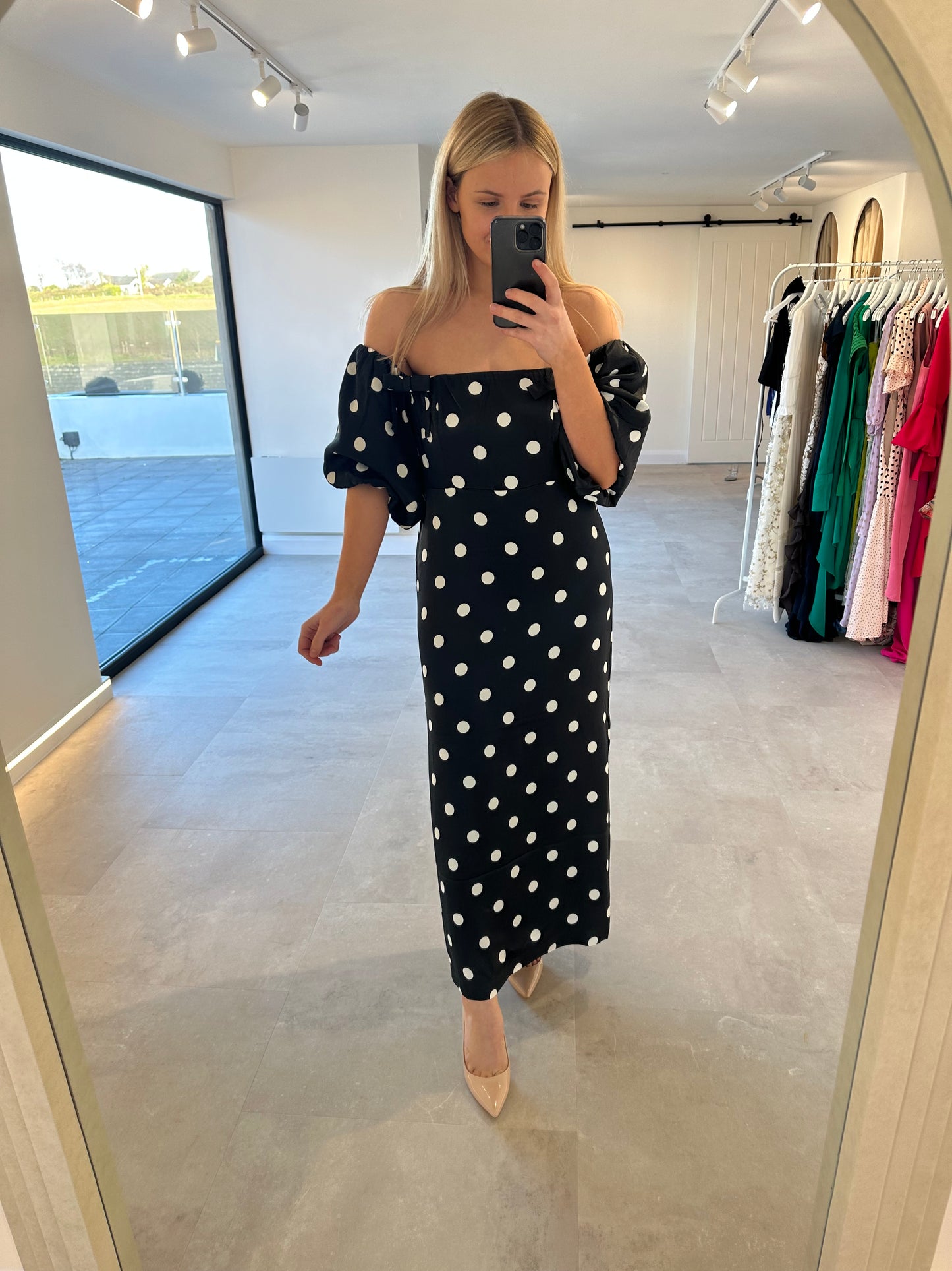 Cecelia Black Polka Dot Bardot Dress