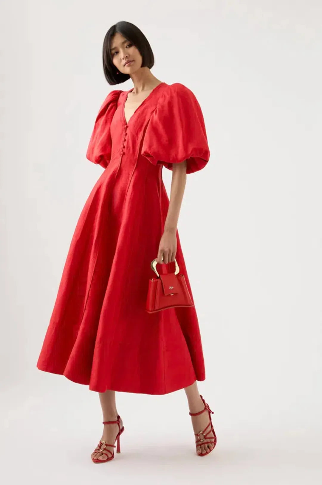 AJE red puff sleeve midi